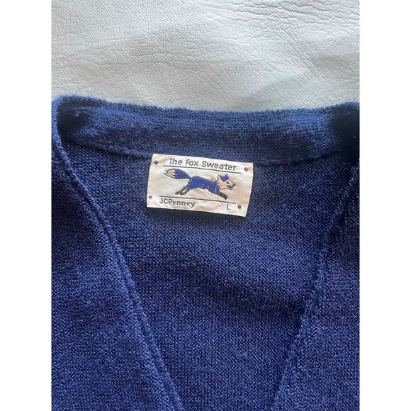 JC Penny VTG Fox Sweater LARGE Navy Cardigan with Owl Patch GUC - Picture 5 of 8